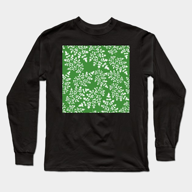 Hedgerow ferns in white on green Long Sleeve T-Shirt by Papergrape